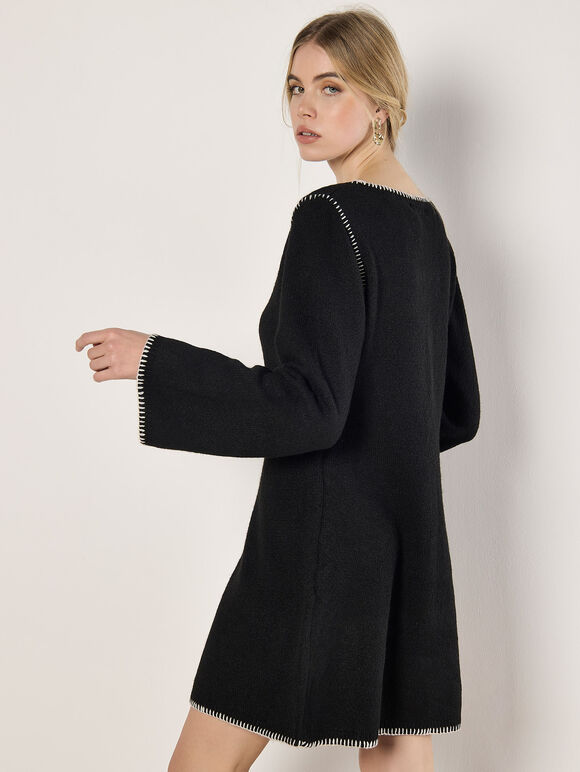 Blanket Stitch Knitted Swing Mini Dress, Black, large