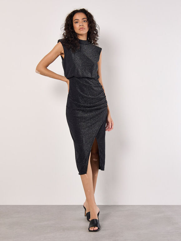 Sparkle Ruched Bodycon Midi Dress, Black, large