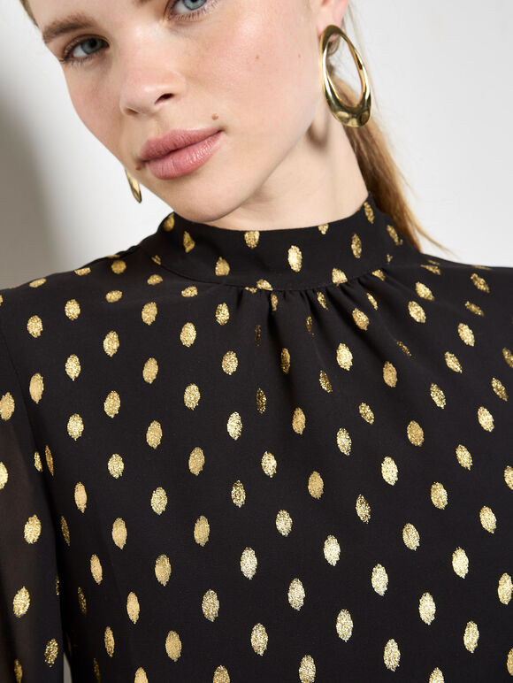 Gold Foil Print Crepe Top, Black, large