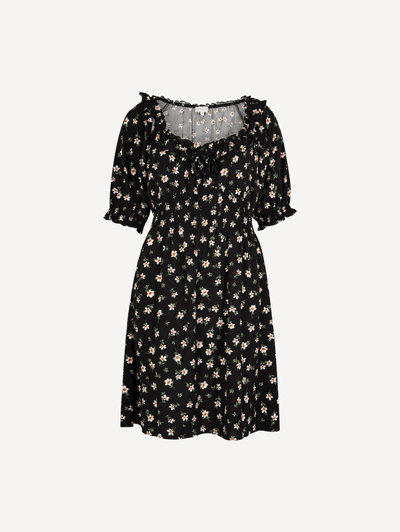 Floral Ruffle Milkmaid Mini Dress, Black, large