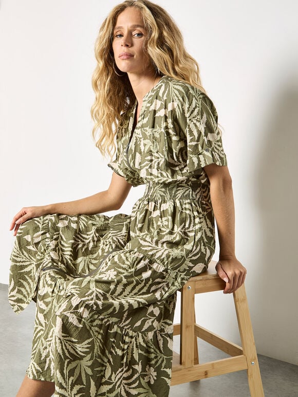 Tropical Leaf Zip-Down Midi Dress, Khaki, large