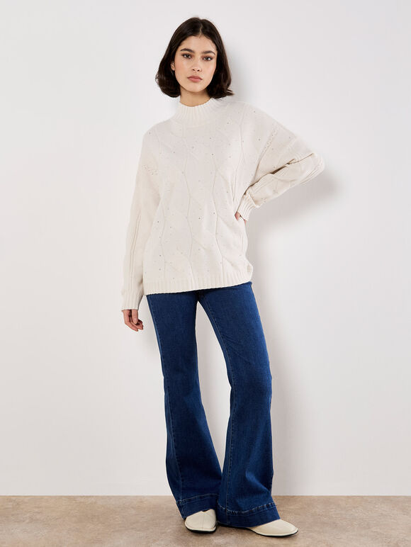 Rhinestone Embellished Fine Knit Jumper, Cream, large