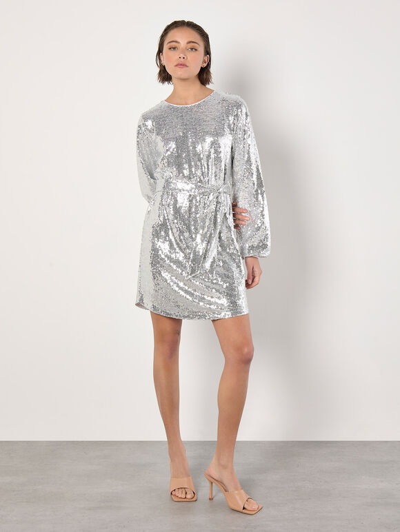 Sequin Shift Mini Dress, Light Grey / Silver, large