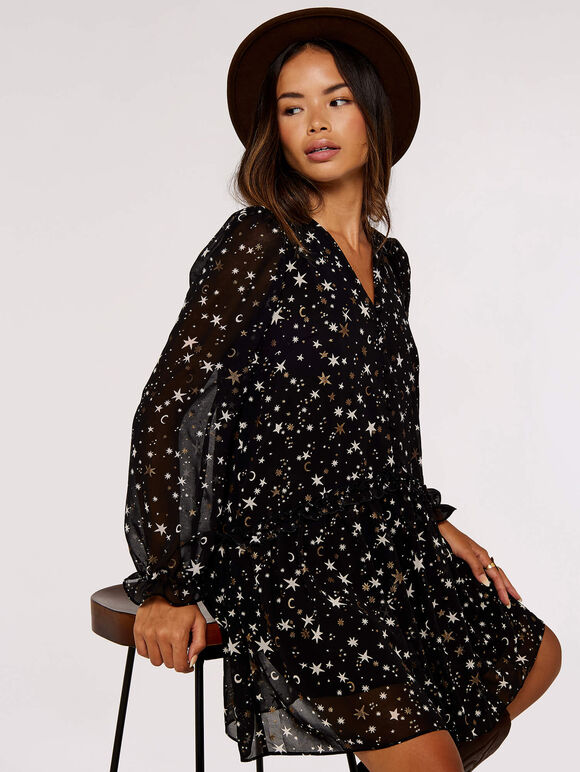 Foil Star  Smock Dress, Black, large