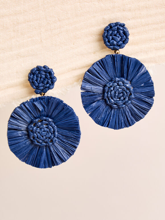 Raffia Circle Earrings, Blue, large