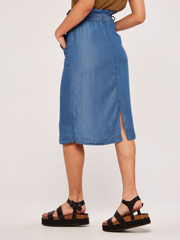 Denim Paperbag Button Through Midi Skirt, Blue, large