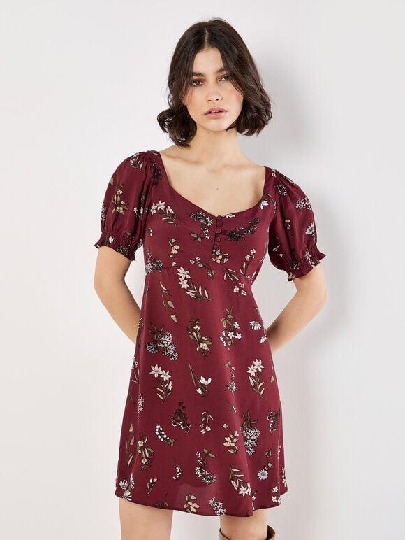 Botanical Floral Smocked Mini Dress, Burgundy, large