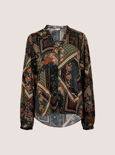 Patchwork Print Ruffle Blouse