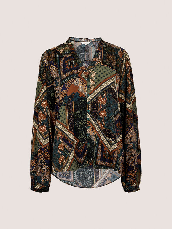 Patchwork Print Ruffle Blouse, Green, large
