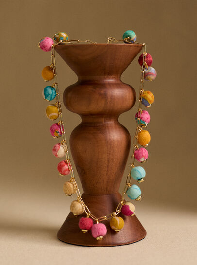 Gold Tone Fabic Bead Necklace