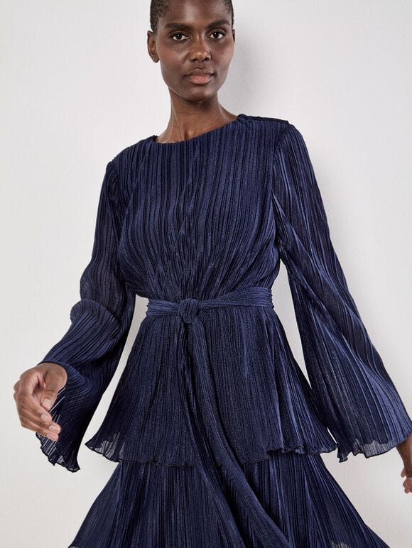 Plisse Tiered Mini Dress, Navy, large