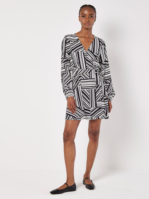 Mixed Stripes Mini Wrap Dress, Black, large