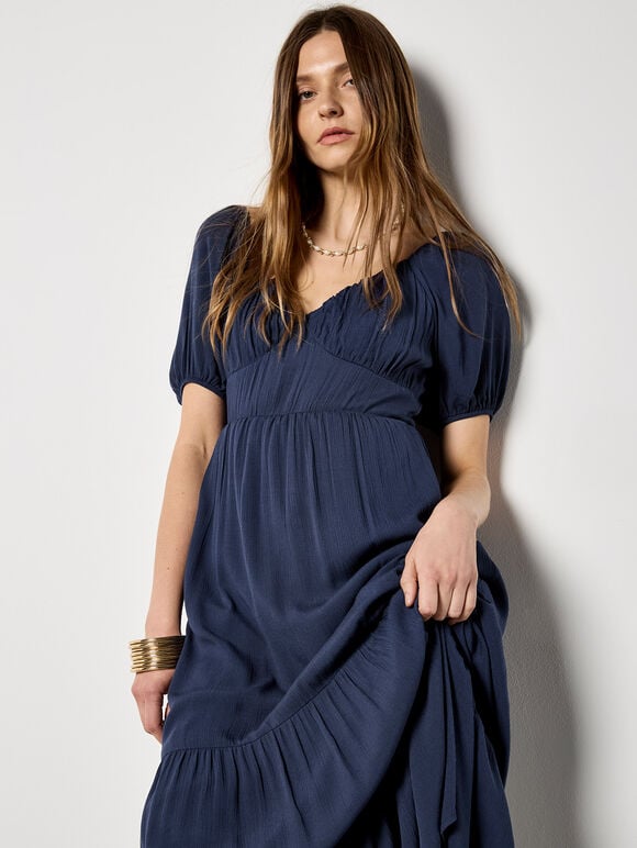 Crinkle Tiered Maxi Dress, Navy, large