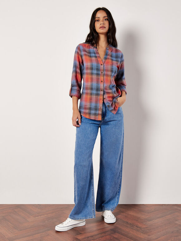 Grandad Collar Check Shirt, Blue, large