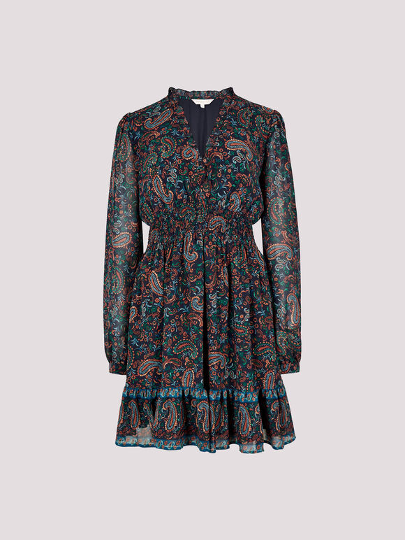Paisley Ruffle Mini Dress, Navy, large