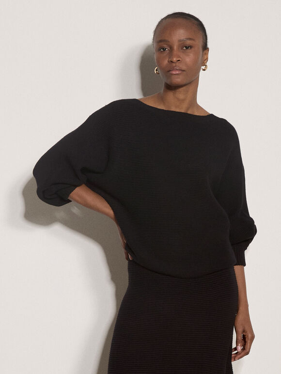 Ribbed Knit Batwing Jumper, Black, large