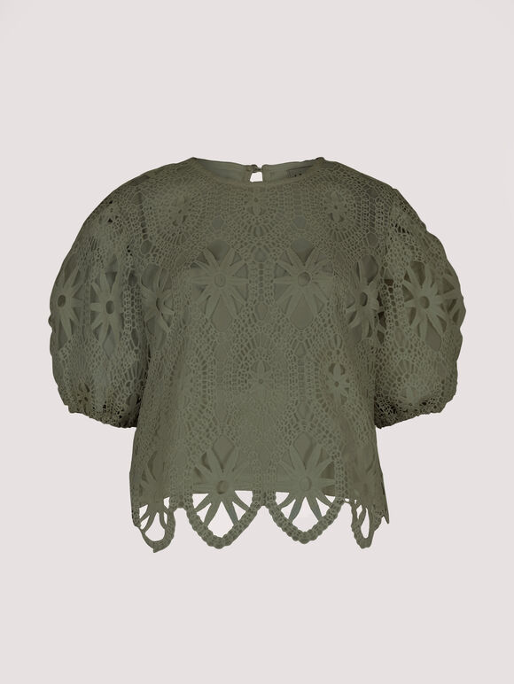Lace Puff SleeveTop, Khaki, large