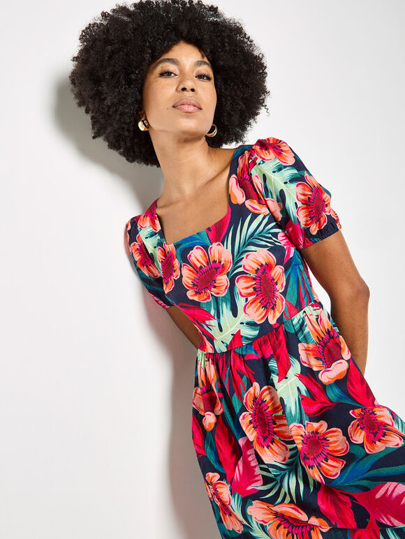Tropical Floral Mini Dress, Fuchsia, large