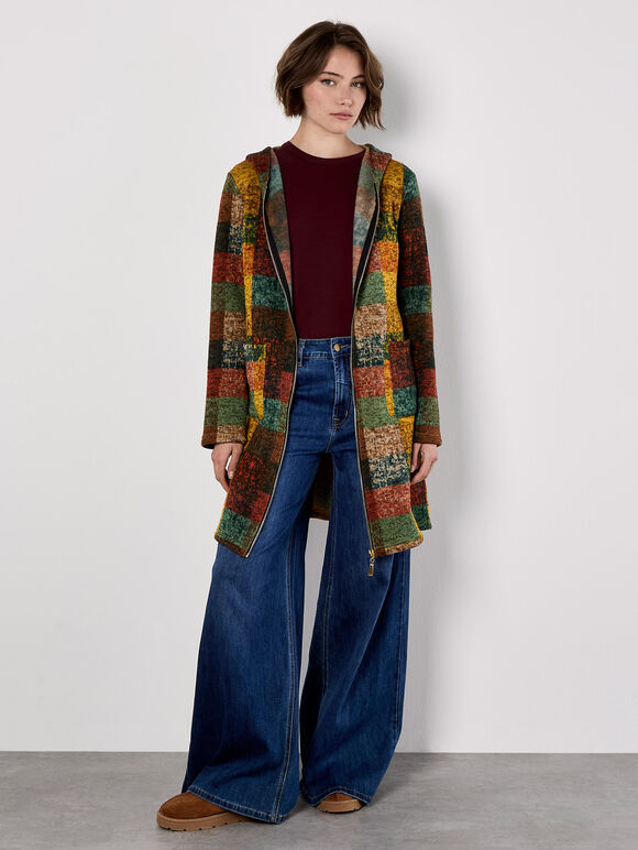 Colourful Check Hooded Coatigan, Rust, large