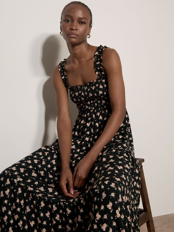 Ditsy Floral Smocked Midi Dress, Peach, large