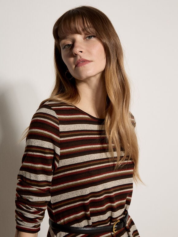 Engineered Stripe Swing Mini Dress, Brown, large