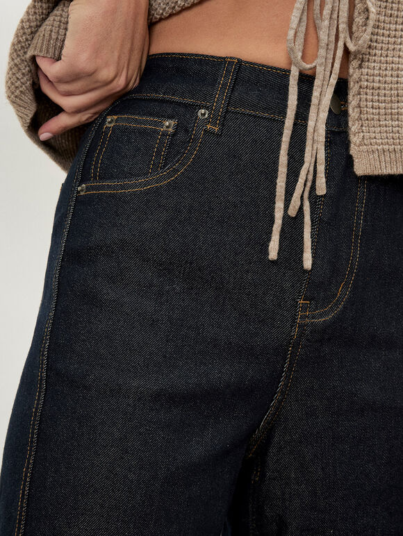Aiko Dark Wash Barrel Jeans, Blue, large