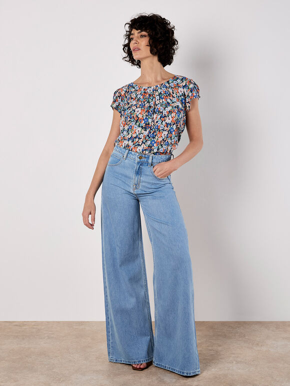 Ditsy Floral Tulip Sleeve Top, Navy, large