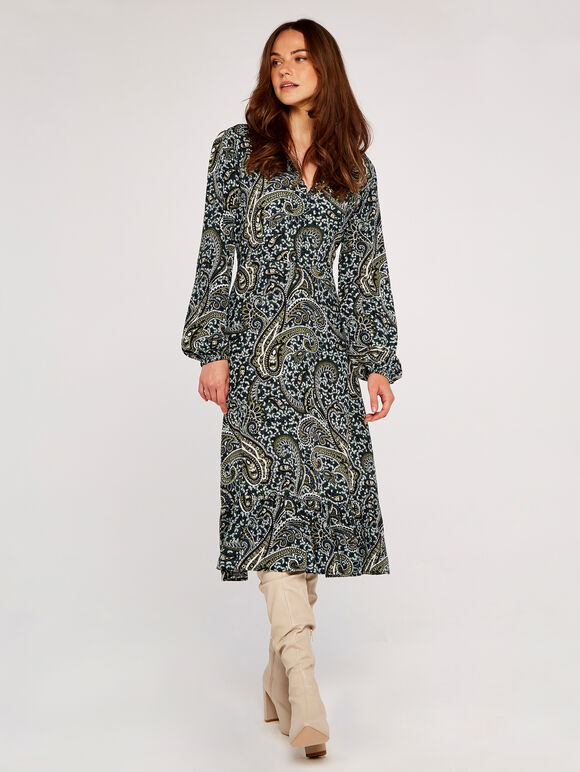 Paisley Midi Dress Apricot Clothing