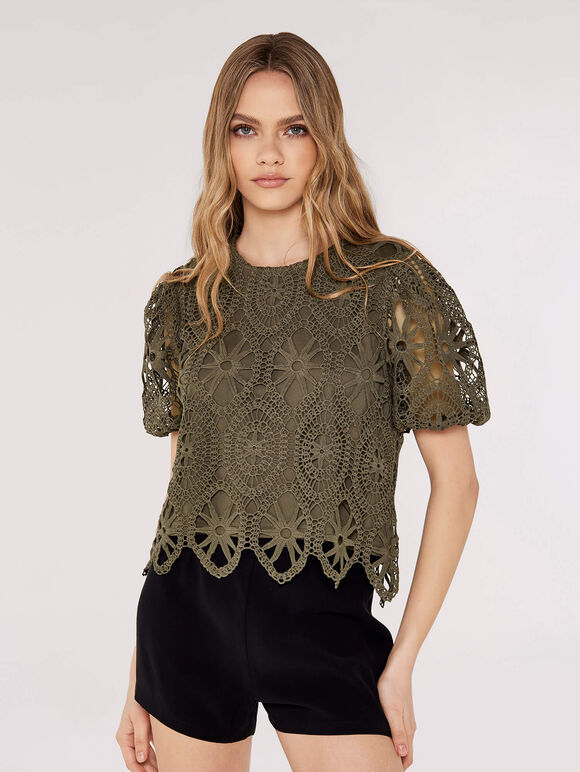 Lace Puff SleeveTop, Khaki, large