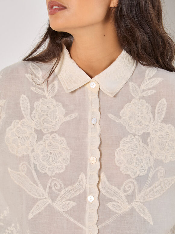 Floral Embroidered Cotton Shirt, Stone, large