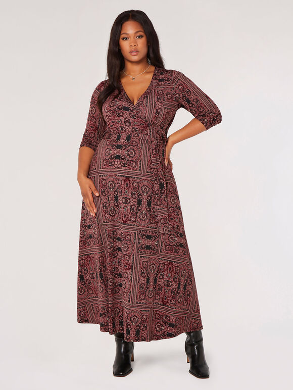 Curve Scarf Print Midaxi Dress, Burgundy, large