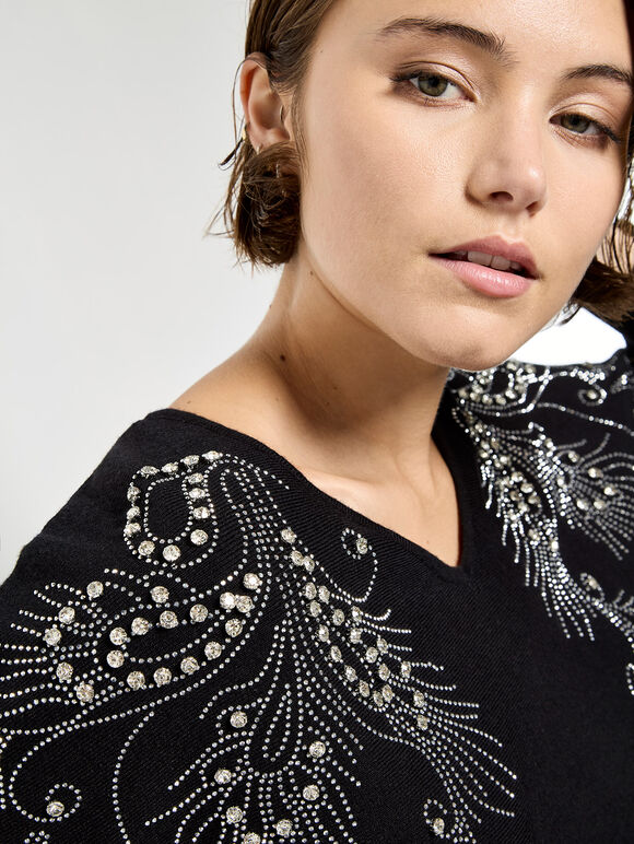 Diamante Feathers Fine Knit Jumper, Black, large