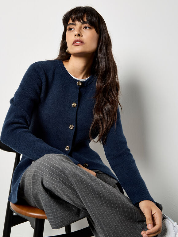 Pebble Button Cardigan, Navy, large