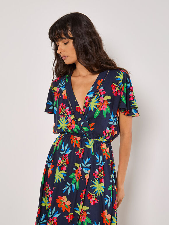 Tropical Print Wrap Maxi Dress, Navy, large