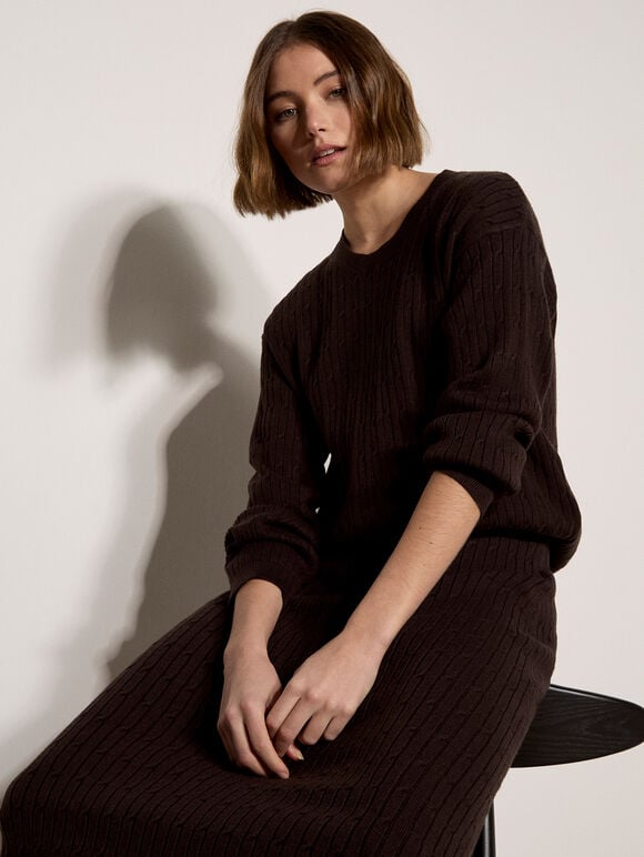 Fine Knit Cable Jumper, Brown, large