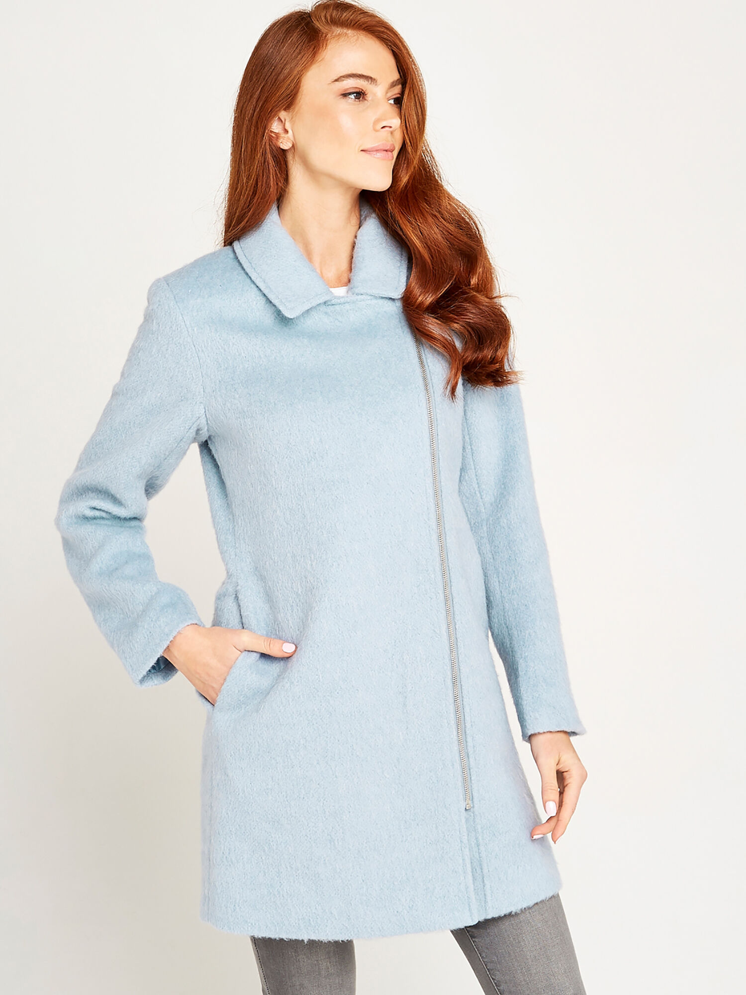 Blue Asymmetrical Zip Coat Apricot Clothing