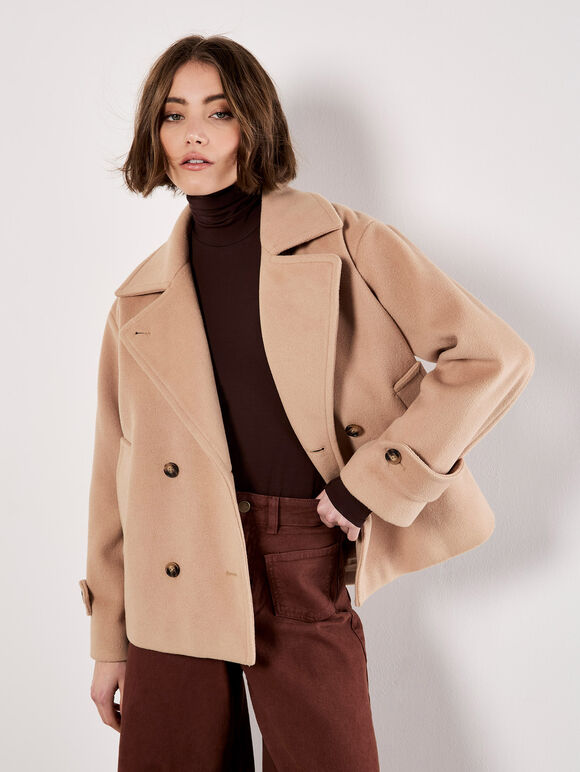 Tailored Short Peacoat Jacket, Brown, large