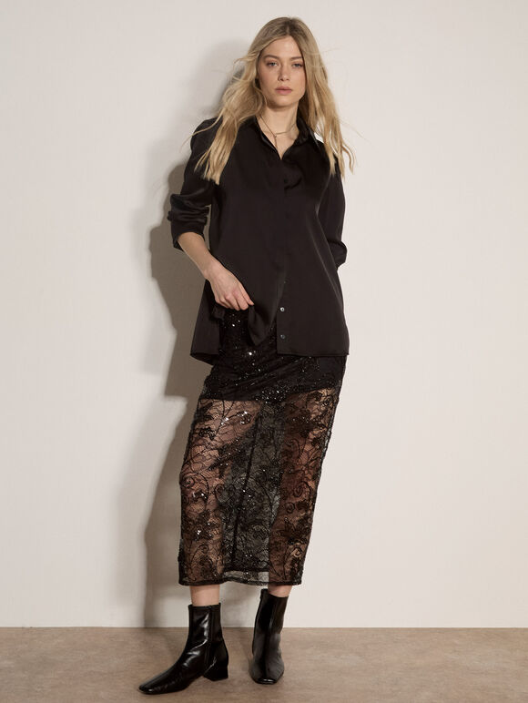 Oversized Satin Shirt, Black, large