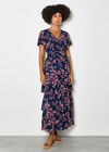 Watercolour Leaves Chiffon Tiered Maxi Dress, Navy, large