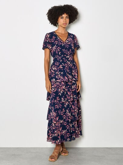 Watercolour Leaves Chiffon Tiered Maxi Dress