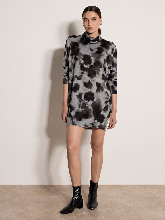 Abstract Knit Cocoon Mini Dress, Grey, large