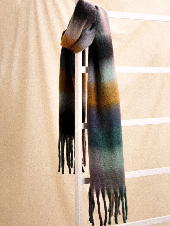 Check Colour Block Scarf, Black, large