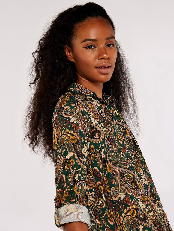 Paisley Shirt Mini Dress, Green, large