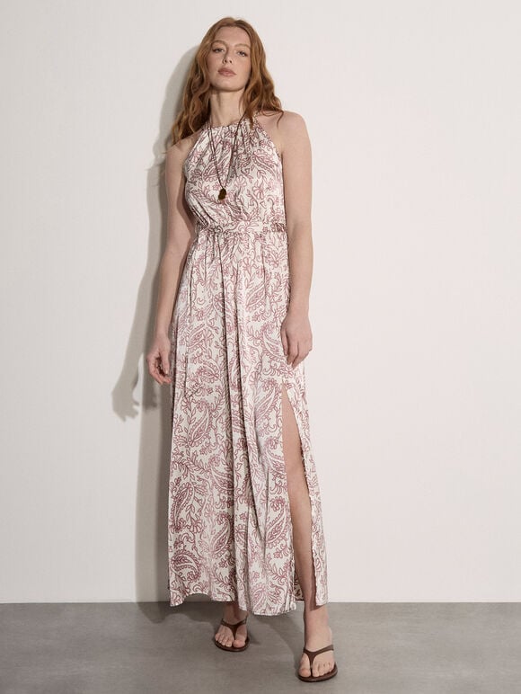 Paisley Print Satin Maxi Dress, Pink, large