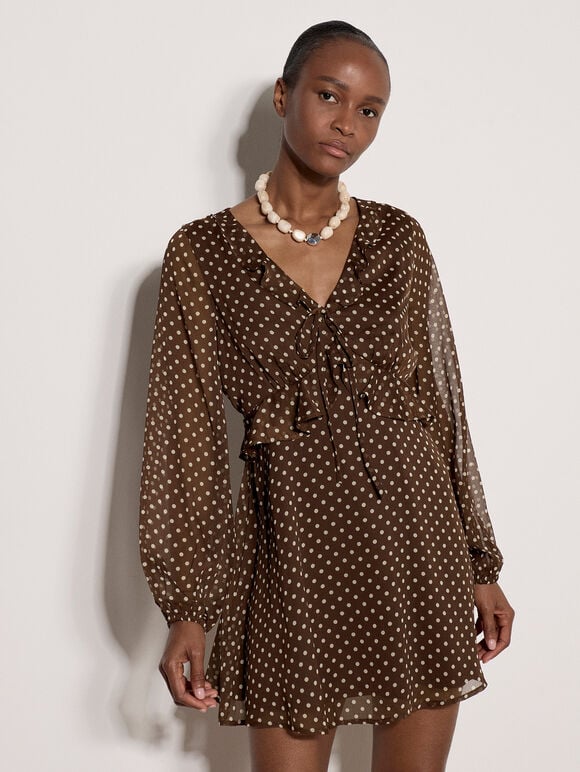 Polka Dot Chiffon Mini Dress, Brown, large