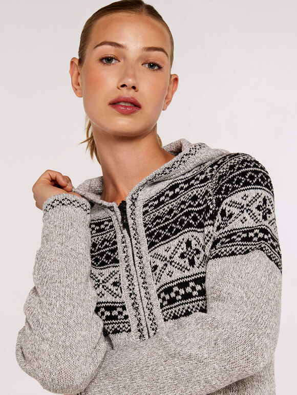 Fairisle Zip Through Cardigan, Grey, large