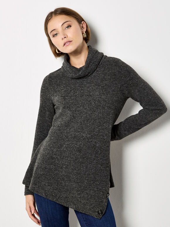 Asymmetric Hem Knit Top, Dark Grey/Charcoal, large