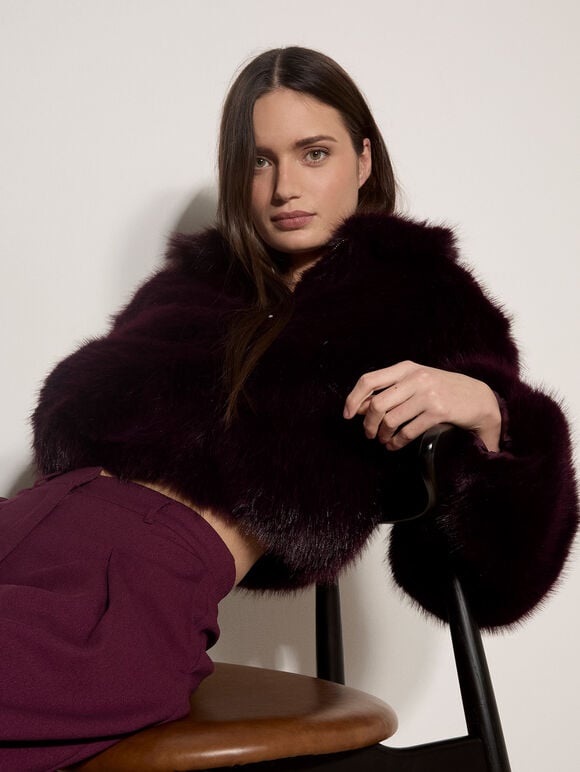 Luxe Faux Fur Short Jacket, Burgundy, large
