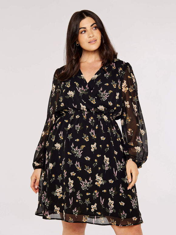 Curve Floral Mini Dress, Black, large
