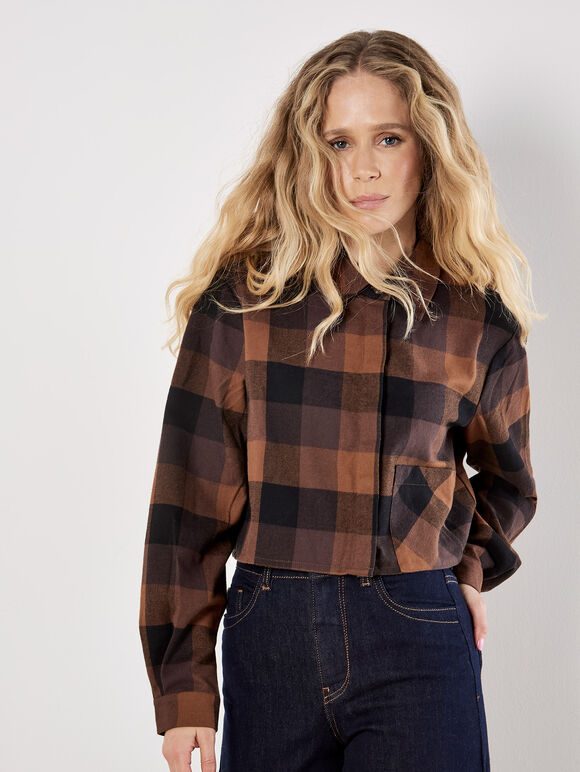 Check Print Cropped Shirt, Brown, large